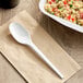 A white EcoChoice CPLA plastic spoon in a bowl of food on a napkin.