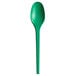 A close-up of a EcoChoice green plastic spoon with a handle.