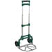 A green and silver Harper hand truck with white wheels.