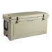 A tan CaterGator outdoor cooler with a lid and black handles.