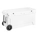 A white CaterGator outdoor cooler with black wheels.