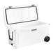 A white CaterGator outdoor cooler with black wheels.