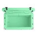 A seafoam green CaterGator outdoor cooler with black handles and the lid open.