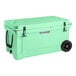 A seafoam green CaterGator outdoor cooler with black wheels and handles.
