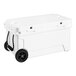 A white CaterGator outdoor cooler with black wheels.