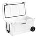 A white CaterGator outdoor cooler with black wheels.