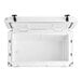 A white CaterGator outdoor cooler with black handles and the lid on.