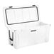 A white CaterGator outdoor cooler with a lid open and black handles.