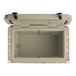 A tan CaterGator outdoor cooler with the lid open.
