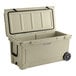 A CaterGator tan outdoor cooler with wheels.