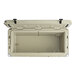 A tan CaterGator outdoor cooler with the lid open.