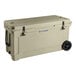 A tan CaterGator outdoor cooler with wheels and a lid.
