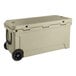 A tan CaterGator outdoor cooler with wheels.