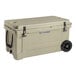 A tan CaterGator outdoor cooler with wheels and a lid.