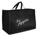 A large black LK Packaging reusable shopping bag with white text that says "bon appetit"
