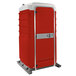 A red and white PolyJohn portable toilet.