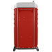 A red PolyJohn portable restroom on a silver metal stand.