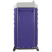A purple and white PolyJohn portable toilet.