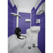 A PolyJohn portable restroom with a white and purple interior.
