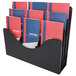 A black Deflecto document organizer with red and blue folders.