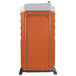 A PolyJohn portable restroom with a white and orange lid.