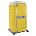 A yellow and white PolyJohn portable toilet on wheels.