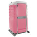 A pink and white PolyJohn portable toilet.
