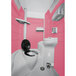 A PolyJohn portable restroom with a pink and white interior, black toilet seat and sink.