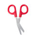 A close-up of a pair of red Medi-First angled first aid scissors.