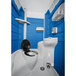 A PolyJohn portable restroom with a blue toilet seat and open lid.