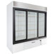 A white Beverage-Air MarketMax refrigerated merchandiser with sliding glass doors.