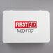 A white Medique first aid kit with a red and black label.