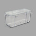 A clear plastic Deflecto stackable caddy container with three compartments.
