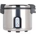 A stainless steel Town rice cooker with a blue button.