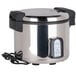 A stainless steel Town rice cooker with a black and silver control panel and cord.