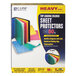 A box of C-Line heavy weight top-loading sheet protectors with assorted color polypropylene sheets inside.