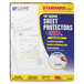 A box of C-Line standard weight clear polypropylene sheet protectors with a blue and yellow label with white text.