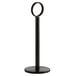 A black metal Choice table card holder with a circular ring.