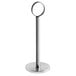 A silver metal Choice table card holder with a round ring base.