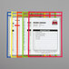 Several colorful plastic folders with different colored frames holding white papers.