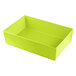 A lime green rectangular cast aluminum bowl with straight sides on a white background.