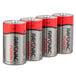 A red and silver Rayovac Fusion D Advanced Alkaline Batteries 4-pack can with four batteries in a row.