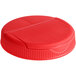 A red plastic induction lined shaker flap spice container lid with a lid open.