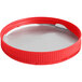 A red plastic lid with a silver metal rim.