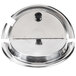 A stainless steel hinged lid with a notch for the APW Wyott 4 quart inset.