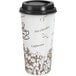 A Choice paper hot cup with a bean print and black lid.