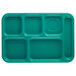 A teal rectangular tray with 6 compartments, including 4 square and 1 circle.