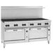 A large stainless steel Vulcan 72" liquid propane gas range with 12 burners and refrigerated base.