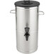 A silver metal Bloomfield 3 gallon iced tea dispenser with a black lid.