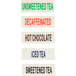 A group of labels with different flavors of tea for a Bloomfield 3 gallon iced tea dispenser.